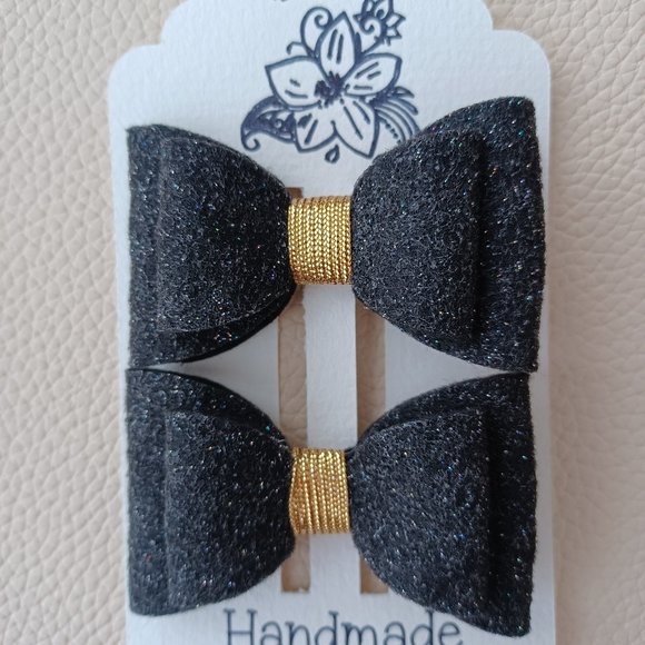 Hair bows for girls, glitter felt, 2 sets black and gold, black and silver 2.75 - Picture 2 of 4